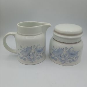 Floral Ceramic Cream and Blue Pitcher and Jar Set